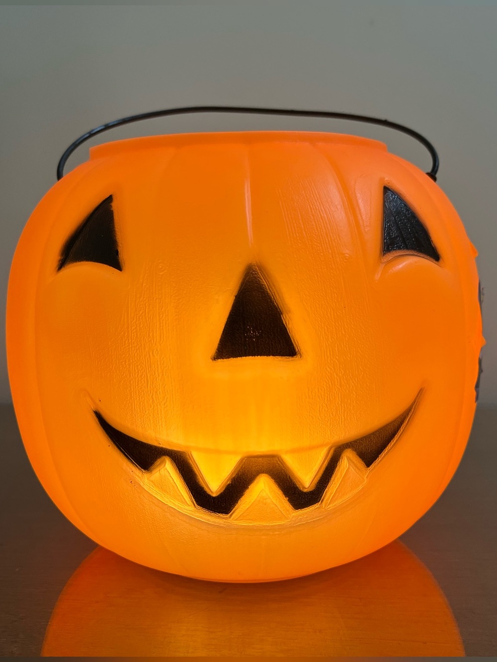 Halloween Pumpkin Jack O Lantern, Vintage Blow Mold Bucket, USA General Foam 8”